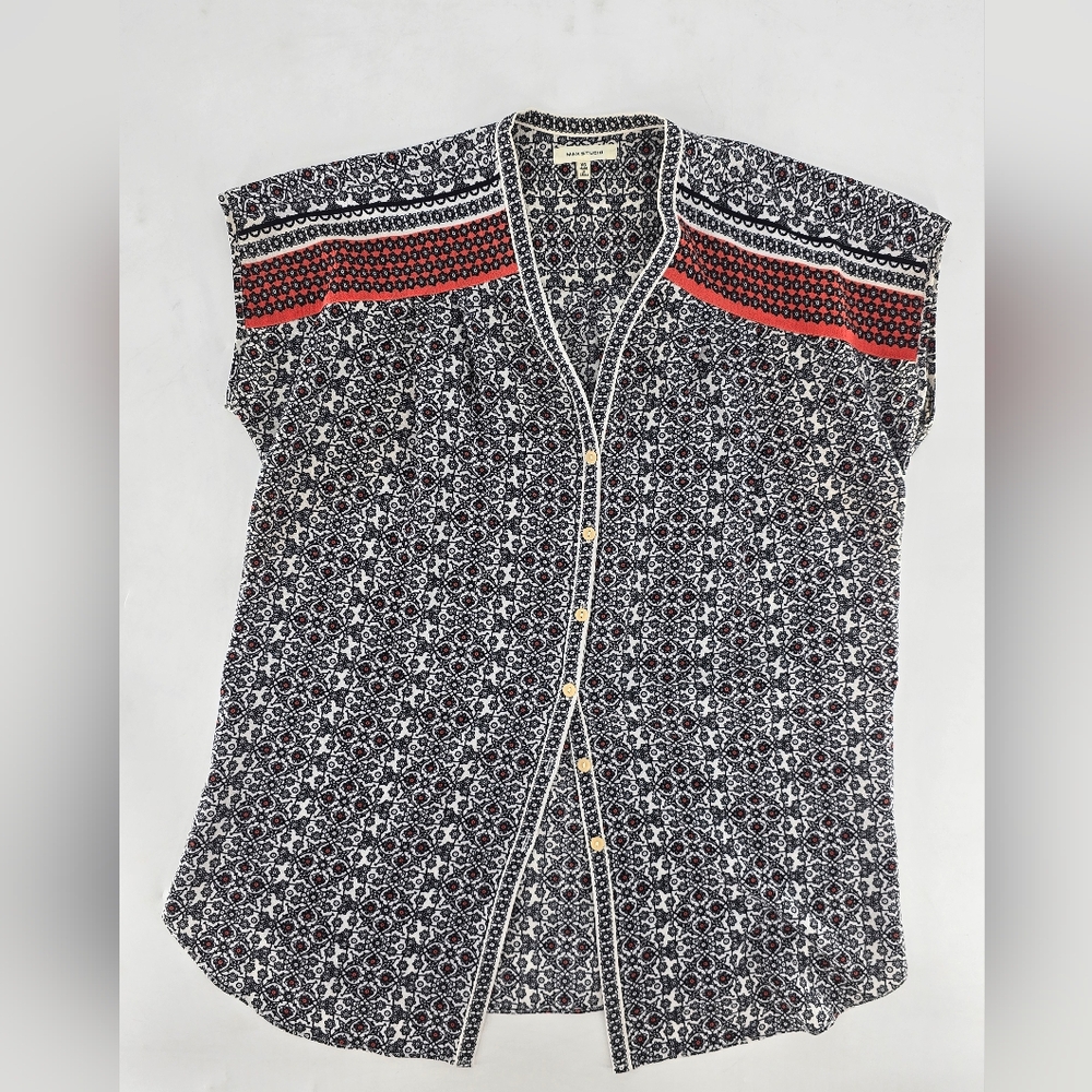 Max Studio Black and White Patterned Blouse‎ with Red Accents